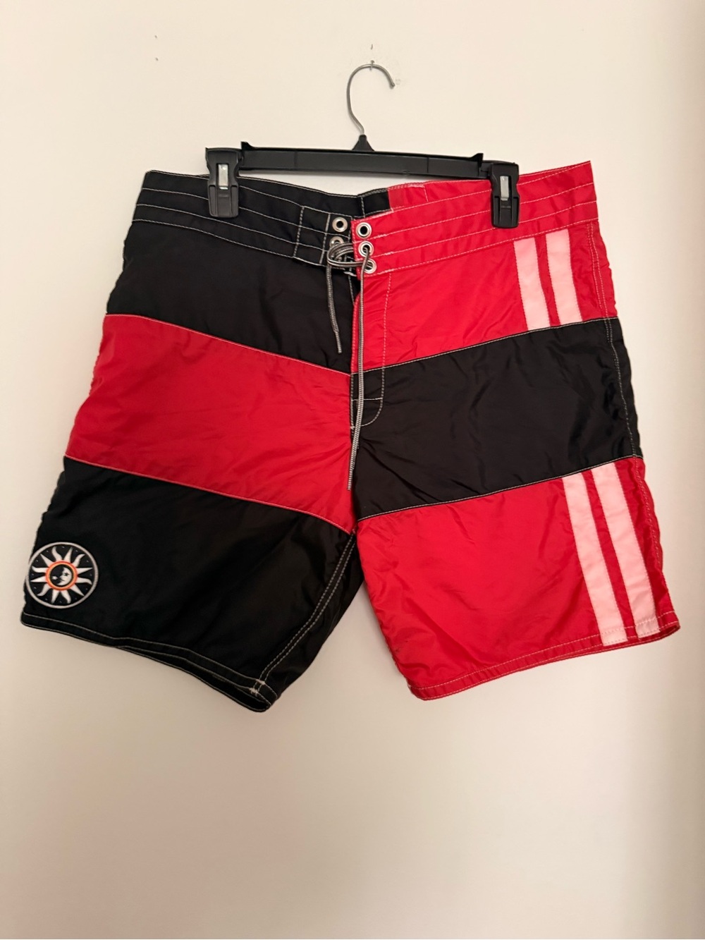 Vintage Birdwell Beach Britches Red Black Board Shorts USA Size 35